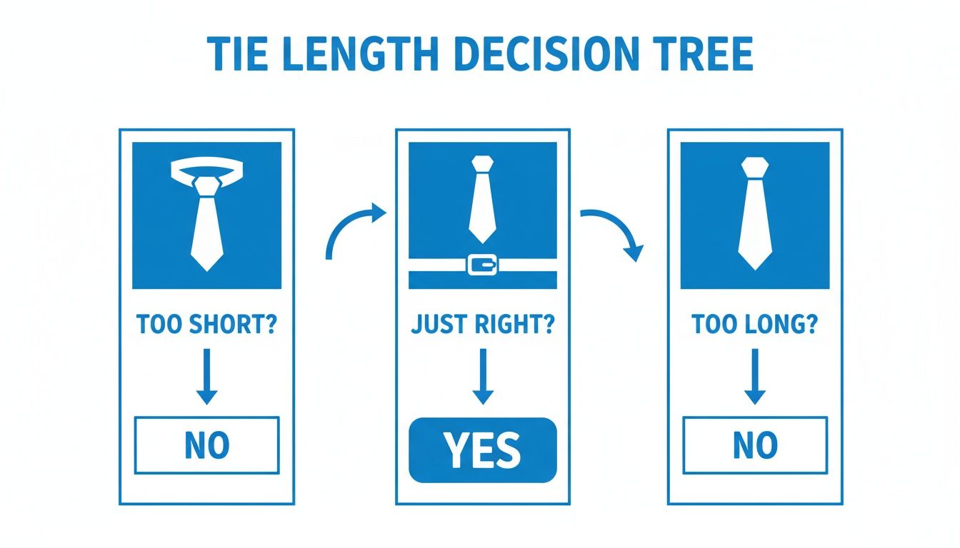 Decision tree guide for proper tie length, showing too short, just right at belt, and too long.