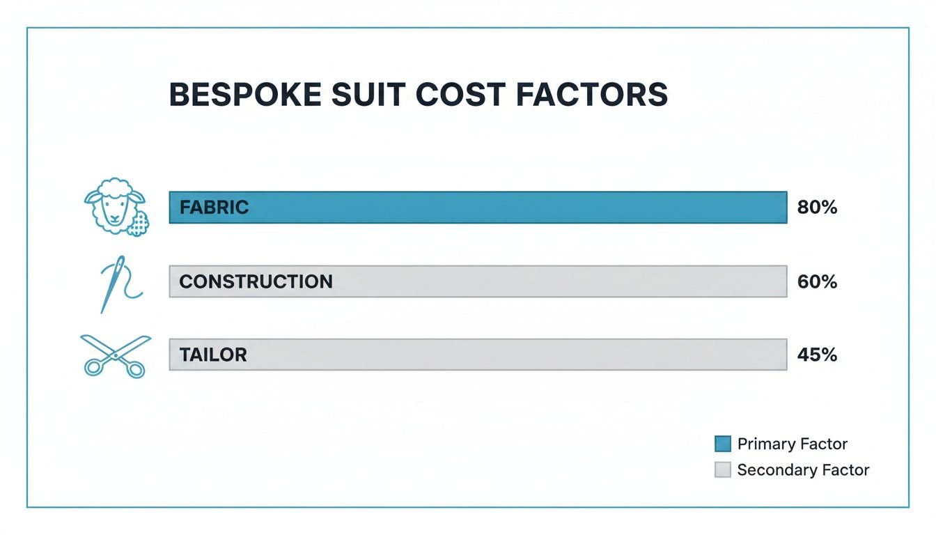 A bar chart showing bespoke suit cost factors: Fabric at 80%, Construction at 60%, and Tailor at 45%.