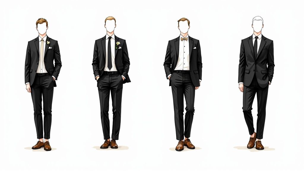 Four illustrated men showcasing various black suit styles with different ties and brown shoes.