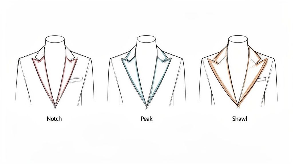 An illustration displays three distinct jacket lapel styles: Notch, Peak, and Shawl, highlighted with different colors.