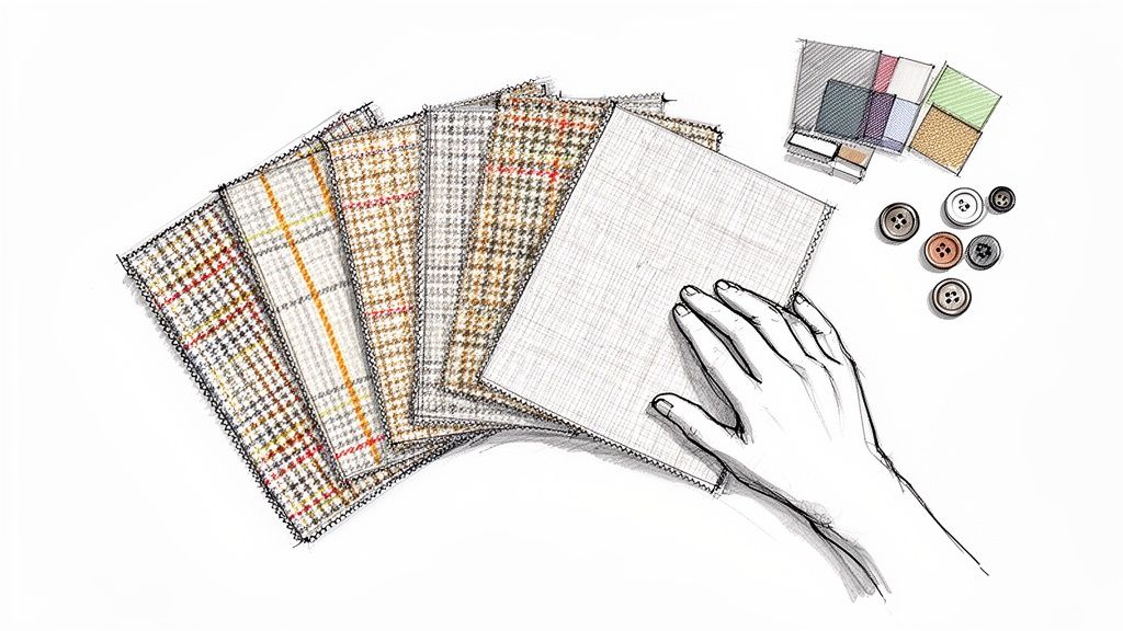 Illustration of tailoring samples: a hand, fabric swatches, buttons, and color palettes on white background.