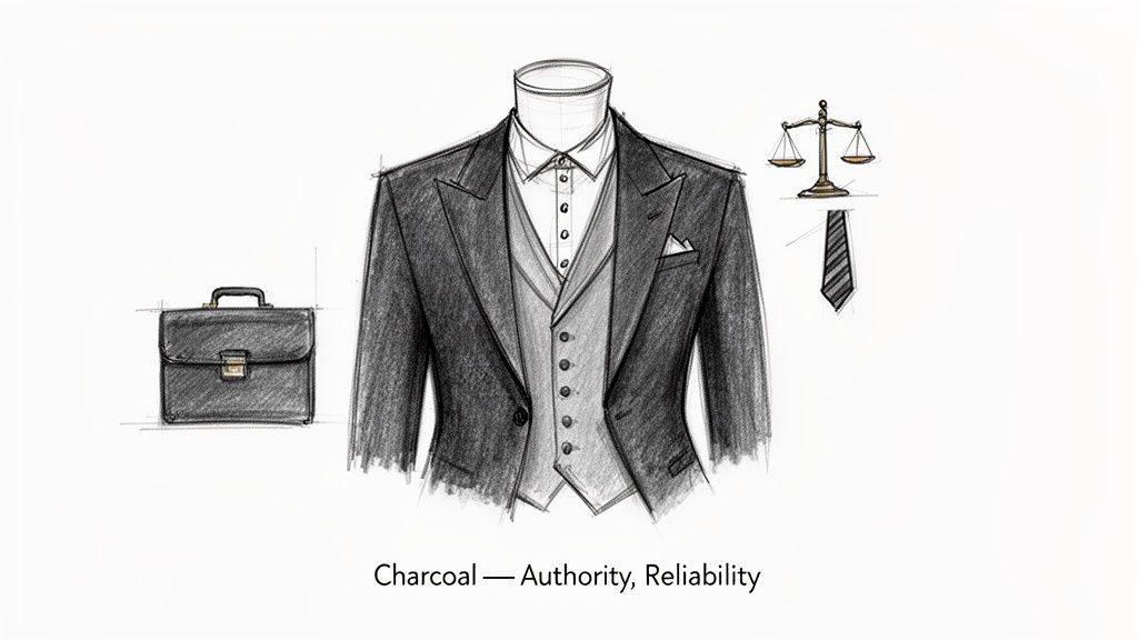 Sketch of a charcoal suit, vest, and shirt, with a briefcase and scales of justice, representing authority.