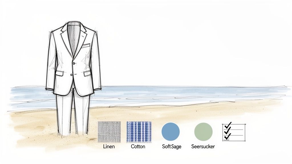 A sketched suit stands on a sandy beach, with fabric and color swatches for linen, cotton, soft sage, and seersucker.