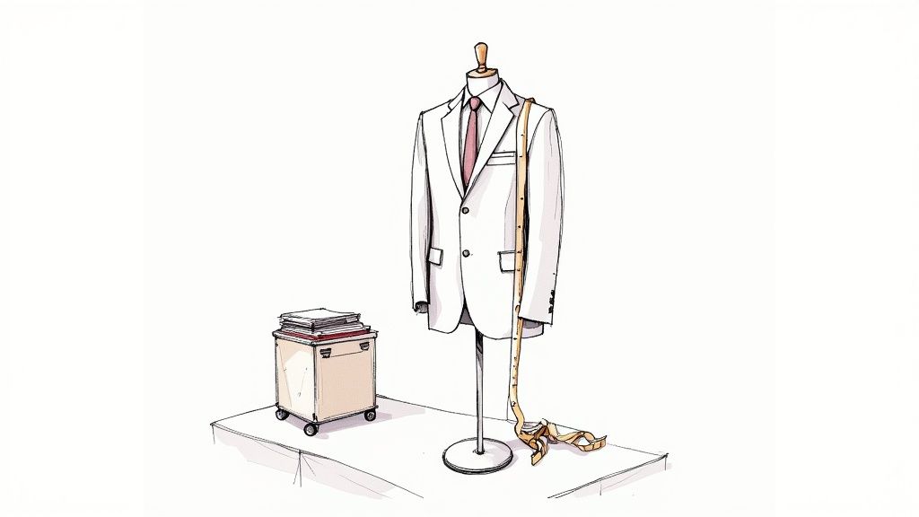 A gentleman having his suit jacket fitted by a tailor