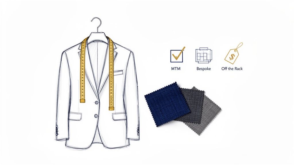 A sketch of a suit jacket with a measuring tape, fabric swatches, and icons for MTM, Bespoke, and Off The Rack tailoring.