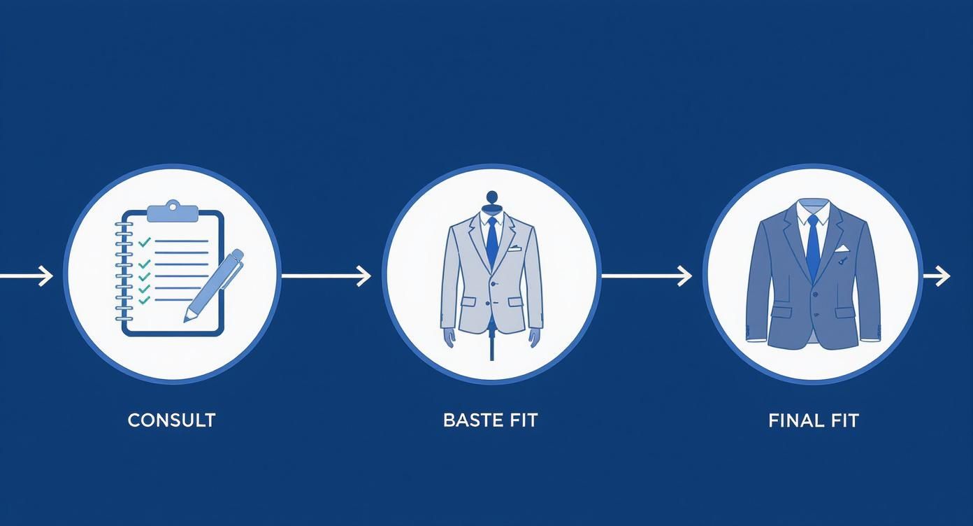 Infographic outlining the custom suit timeline, from consultation to baste fitting to final fitting, using icons and a clean, blue-toned design.