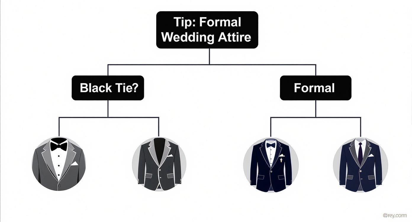 Flowchart illustrating formal wedding attire options, differentiating between black tie and formal dress codes with suit examples.