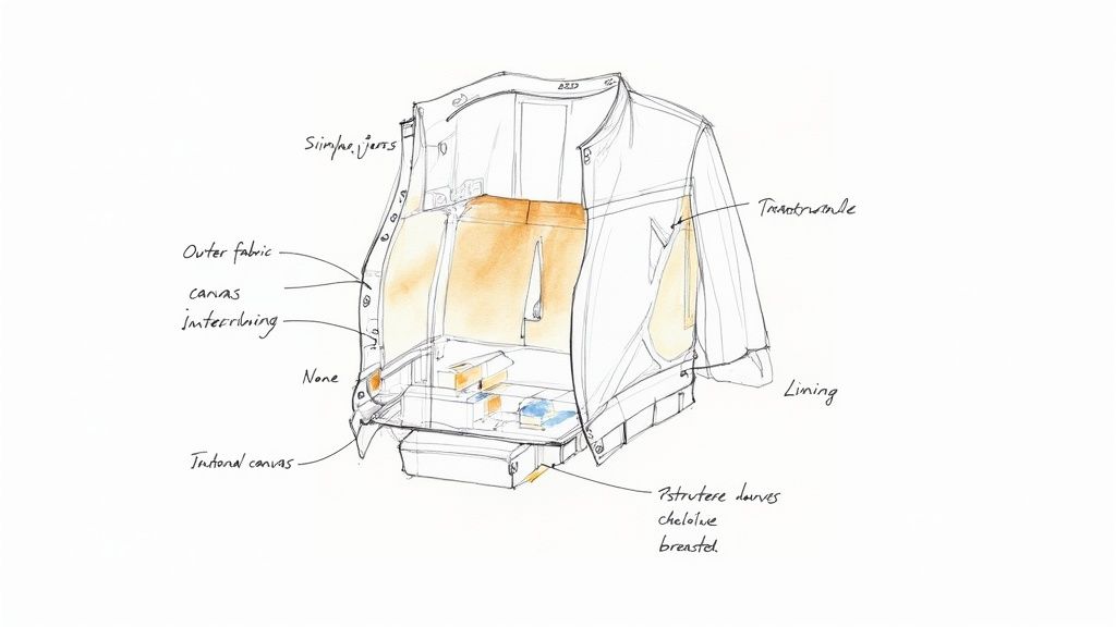 Technical drawing of a jacket's layered construction, detailing outer fabric, canvas, interlining, and lining.