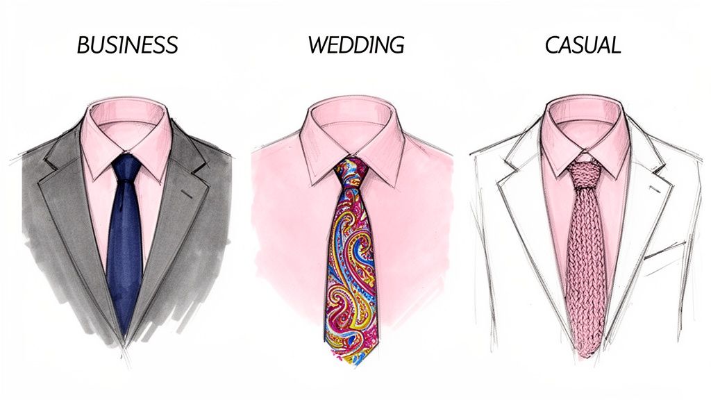Illustrations of three men's outfits: business, wedding, and casual ties with pink shirts.