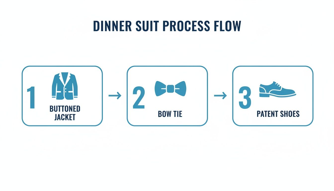 A three-step process flow for dressing in a dinner suit: buttoned jacket, bow tie, and patent shoes.