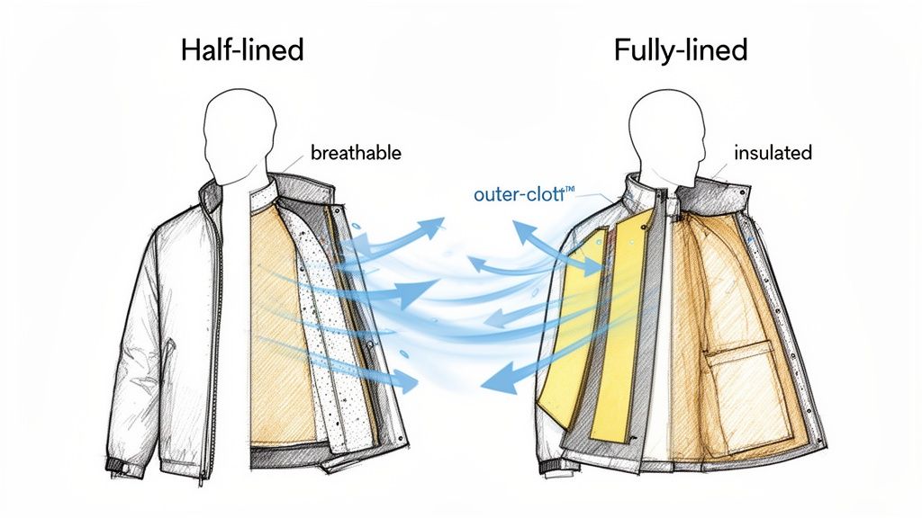 Diagram comparing half-lined and fully-lined jackets, showing breathable versus insulated layers and outer-cloth.
