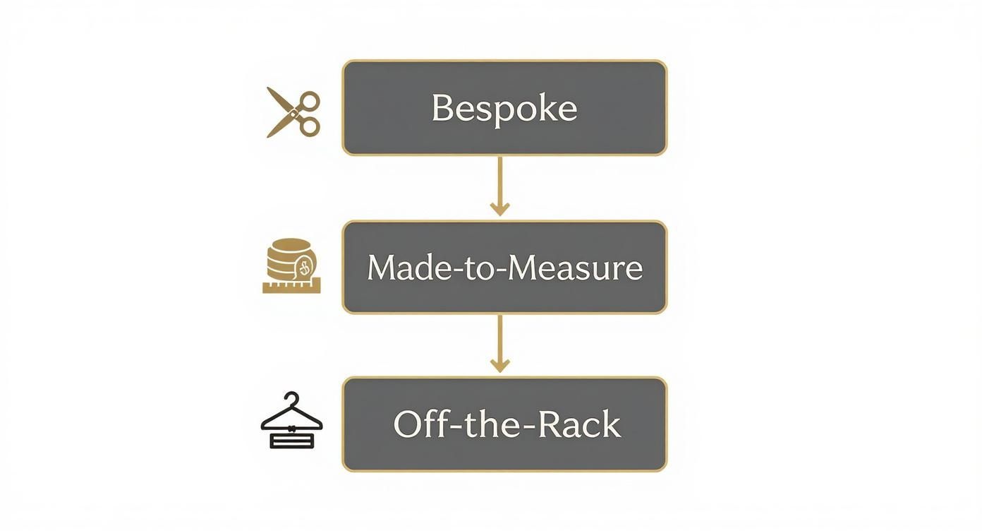 Infographic showing the hierarchy of suit tailoring options, starting with Bespoke at the top, followed by Made-to-Measure, and Off-the-Rack at the bottom, using elegant icons and a gold, black, and grey colour palette.