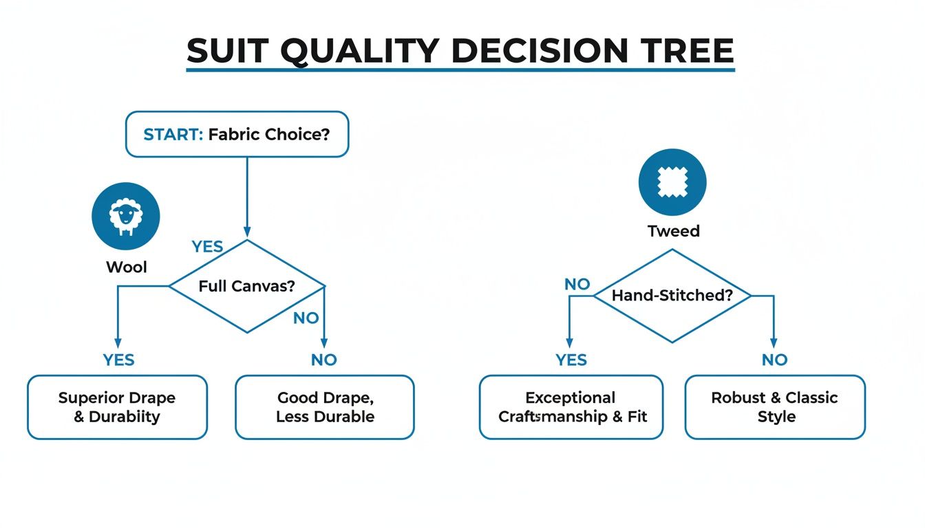 A detailed flowchart illustrating a suit quality decision tree based on fabric choice and construction methods.