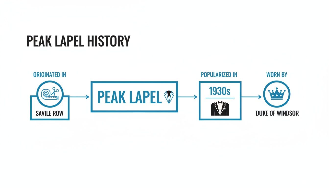 A timeline of peak lapel history: originated in Savile Row, popularized in the 1930s, and worn by the Duke of Windsor.