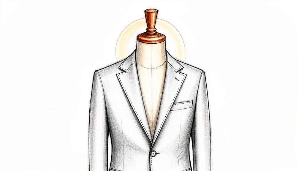 Elegant light-colored men's suit jacket on a tailor's dummy, emphasizing craftsmanship.