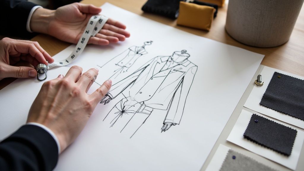 A tailor taking precise measurements for a bespoke suit jacket.
