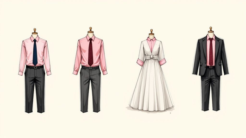 A gentleman in a pink shirt and charcoal suit adjusts his navy tie