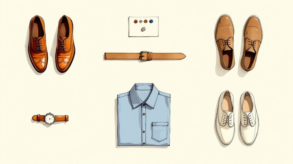 A stylish flat lay of men's fashion essentials including three pairs of shoes, a shirt, belt, watch, and buttons.