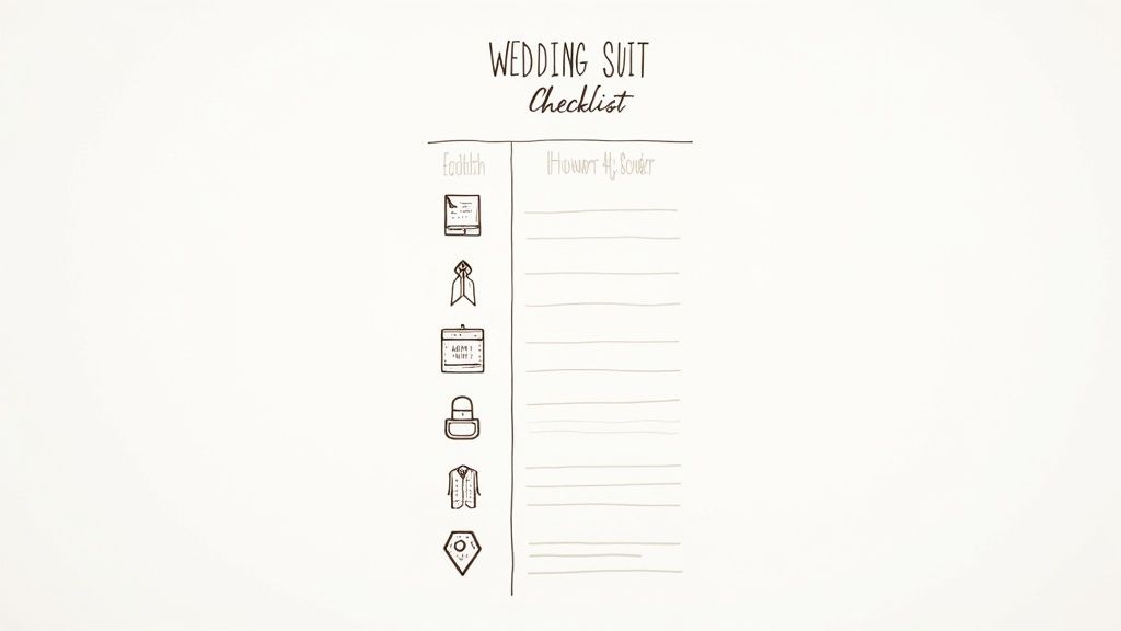 A hand-drawn wedding suit checklist with icons for a shirt, tie, jacket, and other accessories.