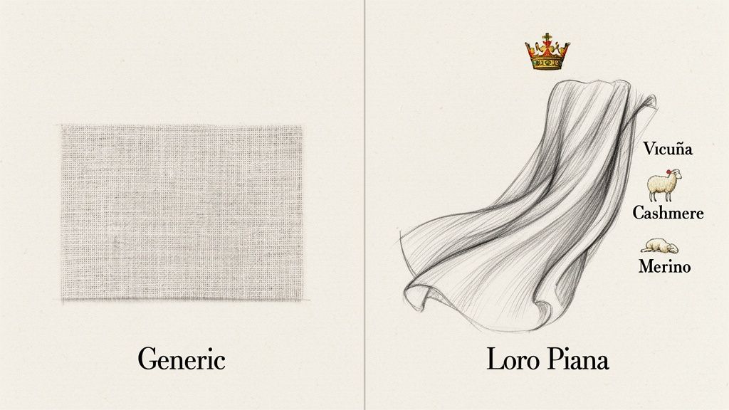 Comparison of a generic fabric swatch versus luxurious Loro Piana fabric, highlighting premium wool types.