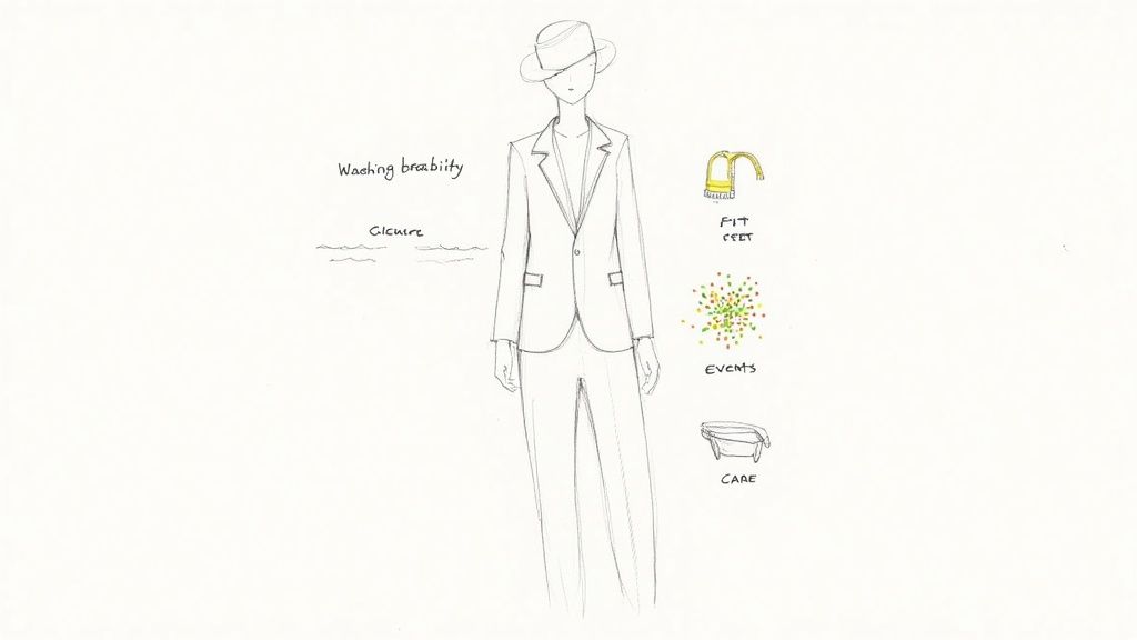 A gentleman in a stylish beige summer linen suit adjusts his tie.