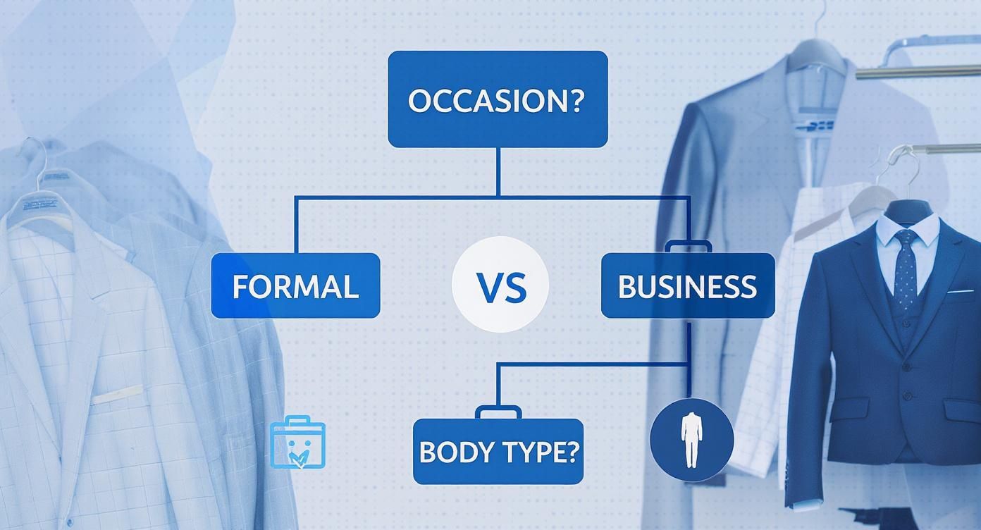 A flowchart showing decisions for suit selection based on occasion (Formal vs Business) and body type.