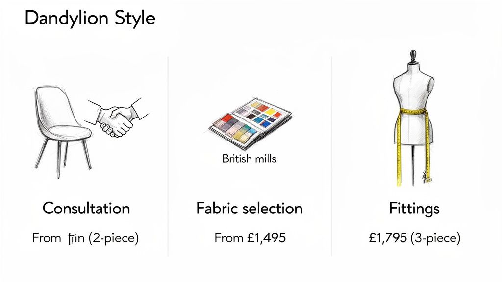 Pricing guide for bespoke tailoring services: consultation, fabric selection, and fittings with costs listed.