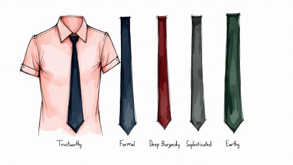 A gentleman in a pink shirt choosing between a navy, grey, and burgundy tie.