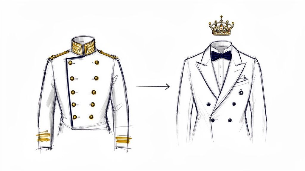 Sketch showing a white military uniform transforming into a sophisticated double-breasted dinner suit with a crown.
