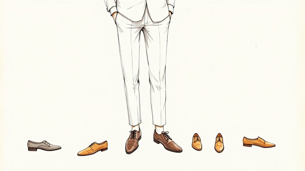 A gentleman adjusting his cufflink while wearing a checked suit without a tie.