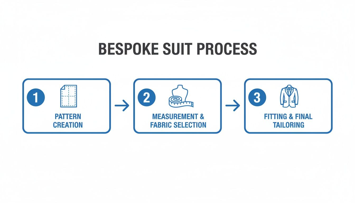 Diagram illustrating the three-step bespoke suit tailoring process: pattern creation, measurement, and final fitting.