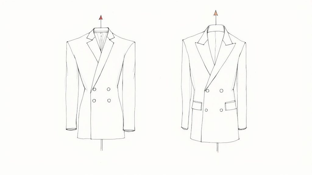 A man wearing a double-breasted suit and another wearing a single-breasted suit, shown side-by-side for comparison.