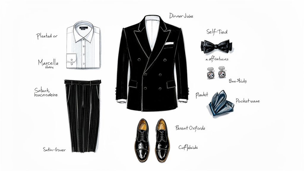 A detailed illustration of a men's double-breasted dinner jacket outfit with formal accessories.