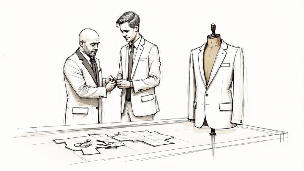 Hand-drawn illustration of a tailor fitting a suit on a client, with patterns and a mannequin in a workshop.