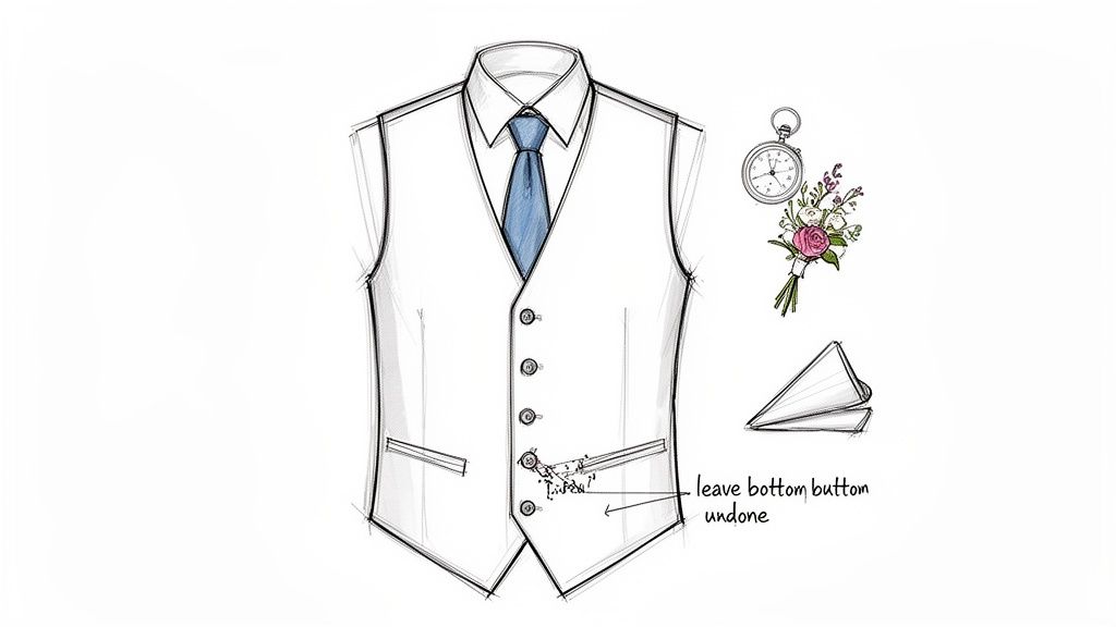 Sketch of a men's waistcoat with a blue tie, accessories, and the bottom button undone rule.