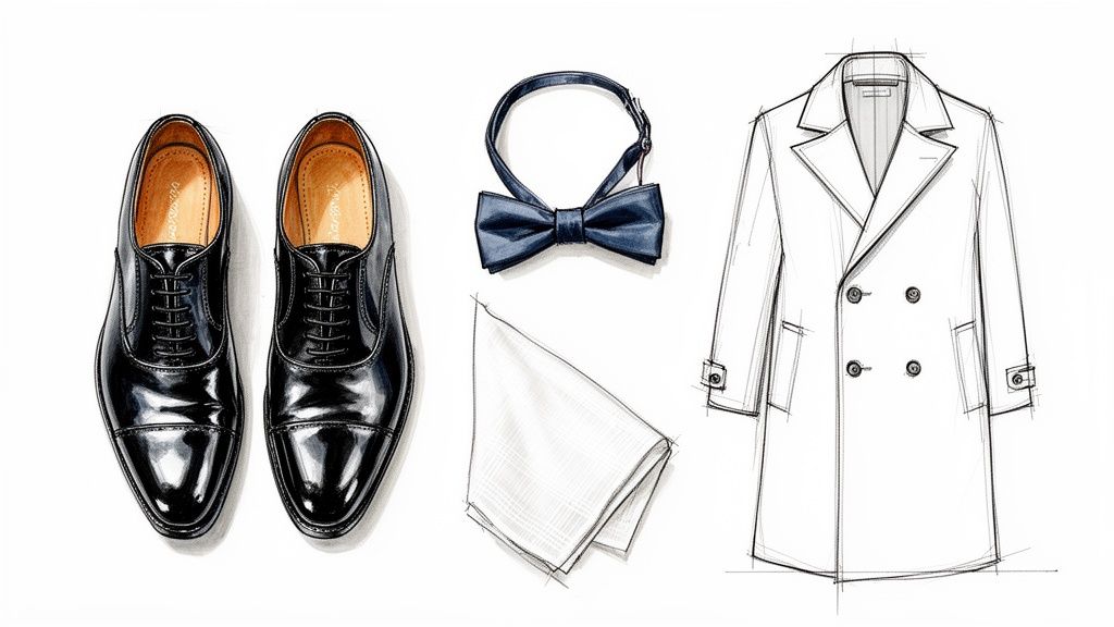 A curated collection of men's black tie essentials: shiny black dress shoes, a blue bow tie, a white pocket square, and a double-breasted overcoat sketch.