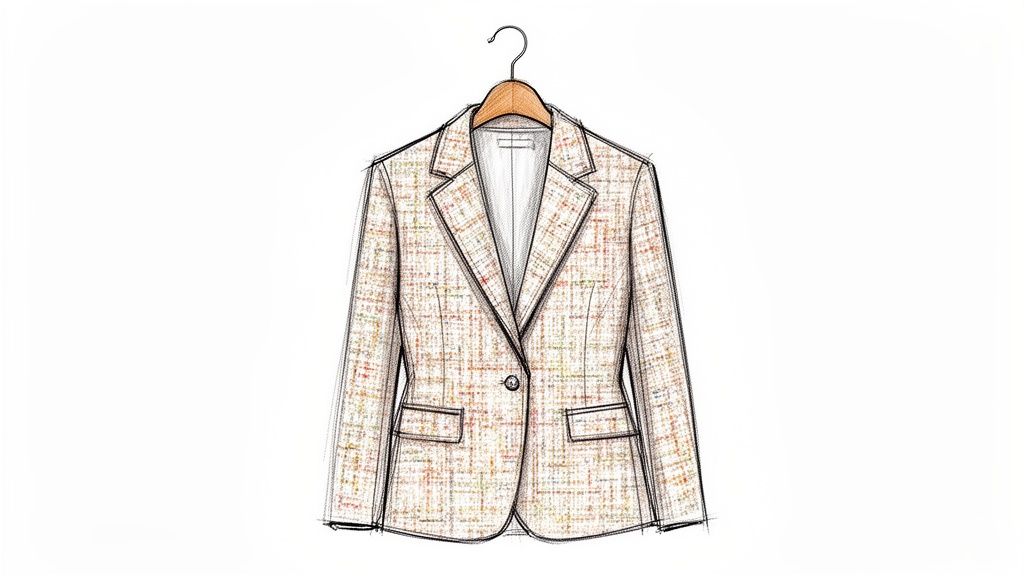 A hand-drawn illustration of a women's tweed blazer on a wooden hanger.