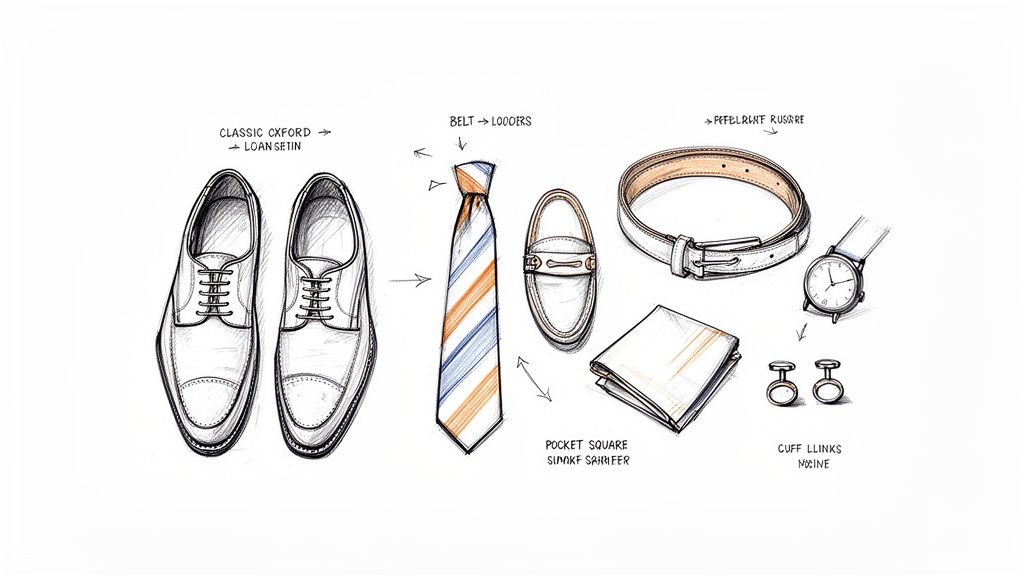 Detailed sketch of men's dress accessories: Oxford shoes, striped tie, belt, watch, pocket square, and cufflinks.