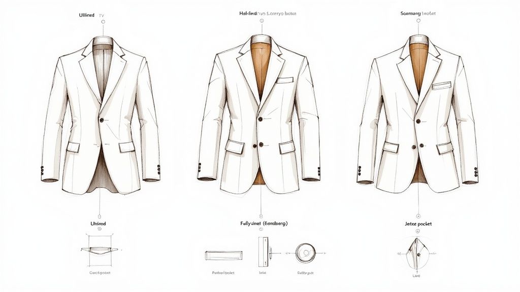 Three detailed sketches illustrate various white men's blazer styles with unique pocket designs.