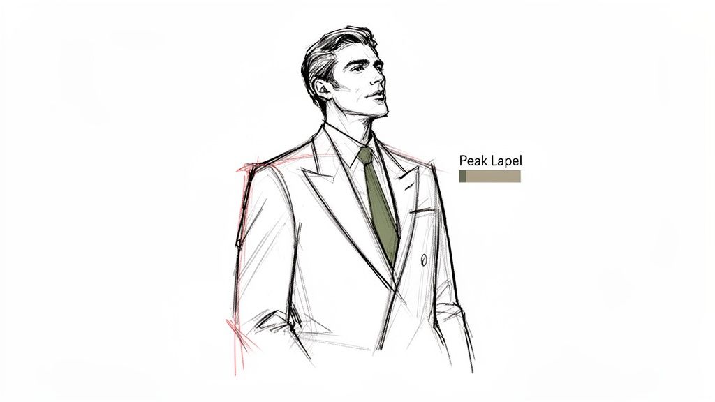 A sketch of a man wearing a white suit with peak lapels and a green tie, looking up.