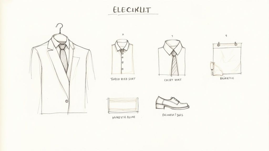 Sketch illustration of formal menswear outfit components including suit jacket, shirt, tie, trousers and dress shoes