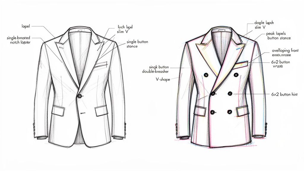 Detailed illustration comparing single-breasted and double-breasted suit jackets, highlighting their distinct features and styles.