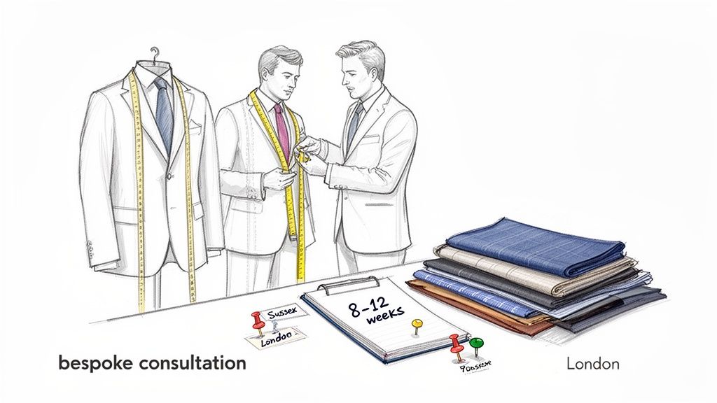 Illustration of a bespoke tailoring consultation, with a client being measured for a suit and fabric swatches.