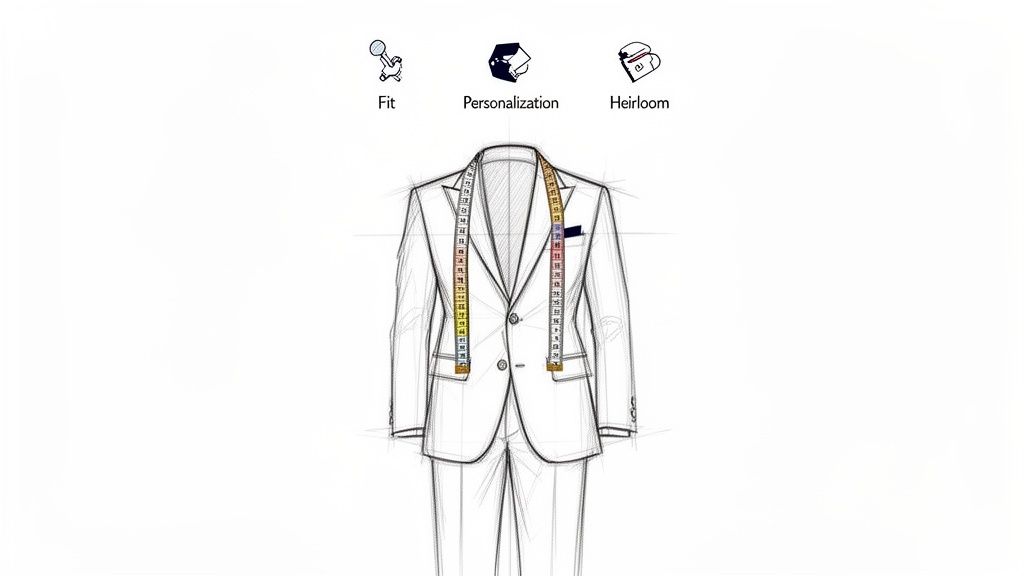 Sketch of a bespoke suit with a tailor's measuring tape, illustrating fit, personalization, and heirloom quality.