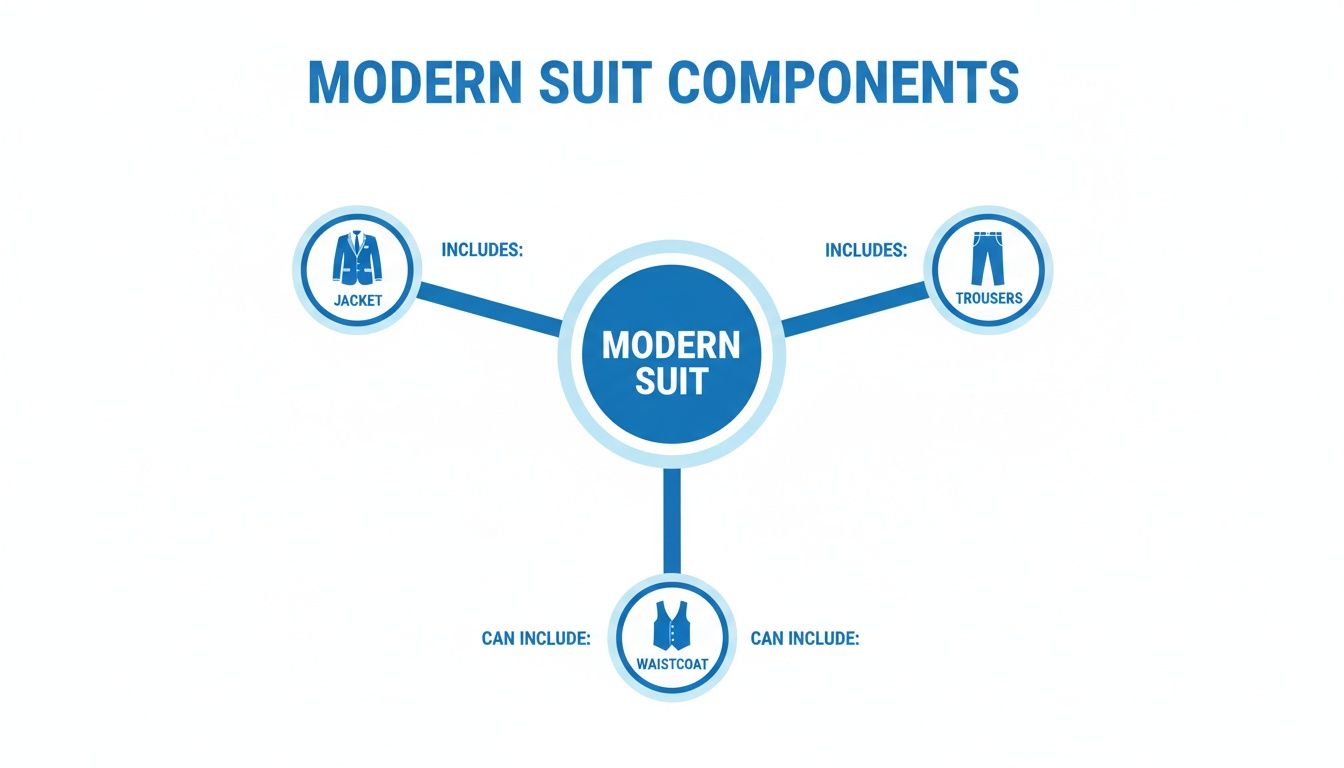Diagram showing the components of a modern suit: jacket, trousers, and optional waistcoat.