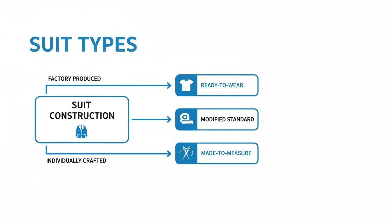Diagram illustrating different suit types based on construction: factory produced and individually crafted.