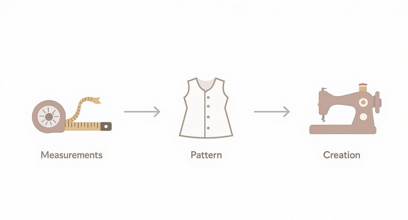 Three-step bespoke tailoring process showing measurements, pattern design, and garment creation with sewing machine