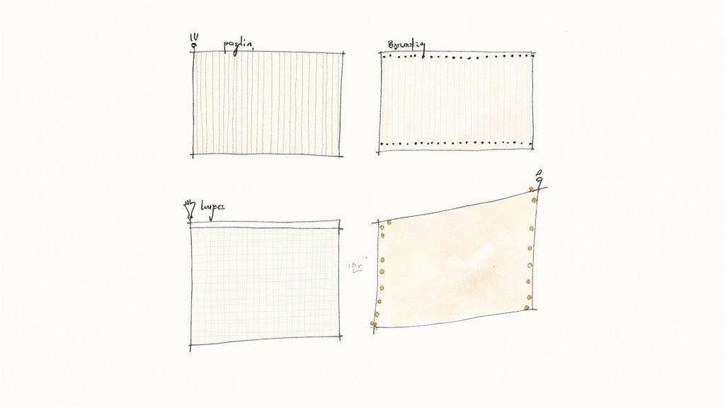 Four hand-drawn sketches illustrating different fabric patterns or textile designs on a white background.