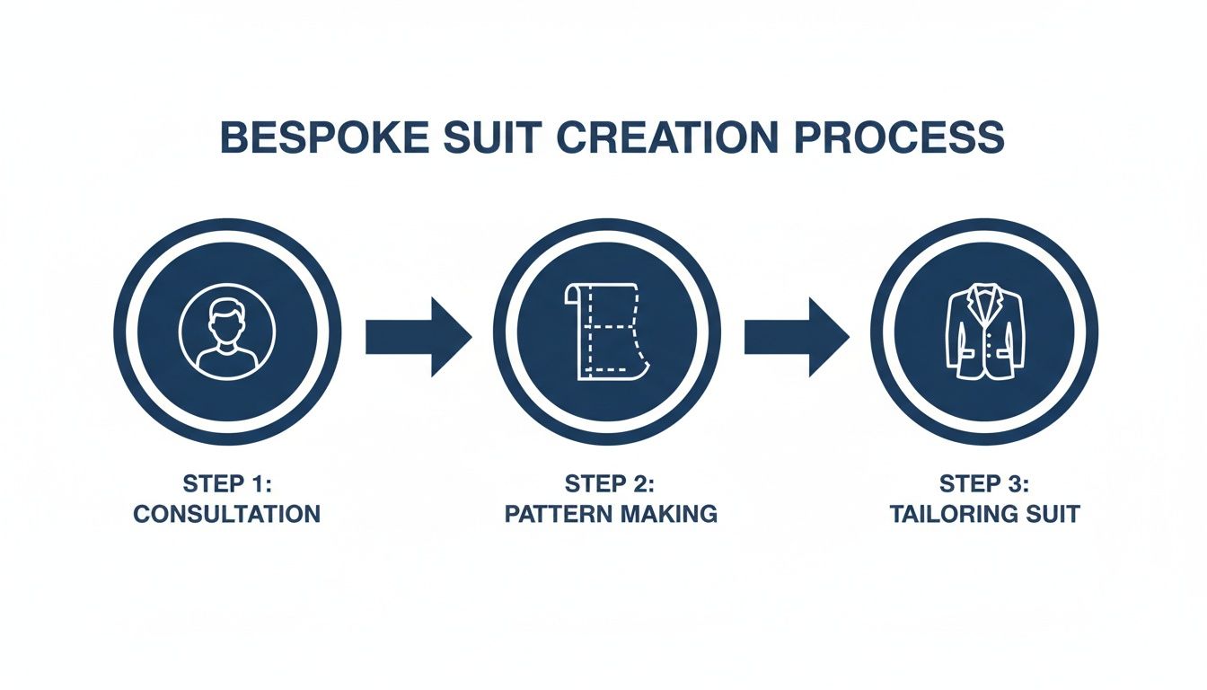 A visual guide to the bespoke suit creation process, showing consultation, pattern making, and tailoring steps.