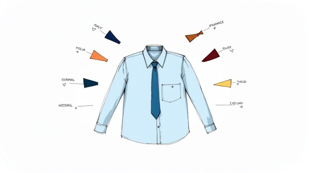 A gentleman adjusting his tie, wearing a crisp light blue shirt with a patterned navy tie and a dark suit.